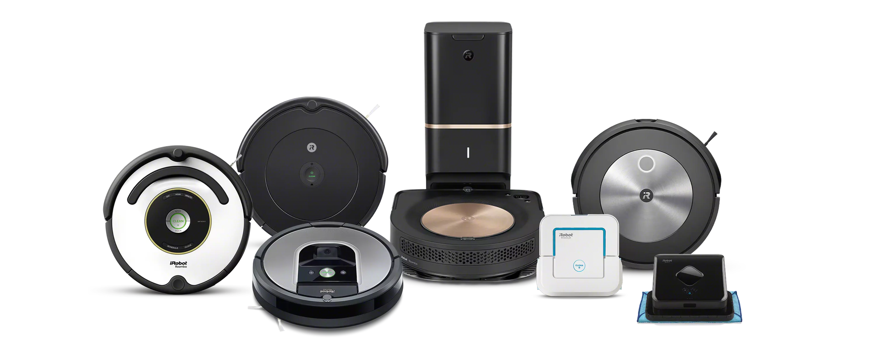 A family plays in the kitchen behind images of iRobot&rsquo;s collection of robot vacuums and mops.